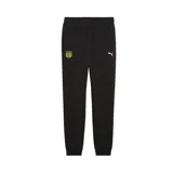 Pantalón de jogging negro con puños acanalados, cintura elástica con cordón ajustable, bolsillos laterales y logo Puma Cat bordado en blanco en la pierna izquierda.
