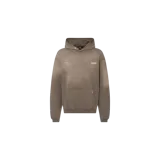 Hoodie Represent color marrón caqui con efecto desteñido, capucha con cordón, bolsillo tipo canguro y pequeños estampados en el pecho.