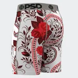 Calzoncillos bóxer de hombre PSD con estampado de cachemira y rosas rojas sobre fondo blanco.