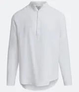 Camisa de manga larga confeccionada en mezcla de lino y algodón, con cuello tipo padre y cierre frontal parcial con botones. Presenta un corte amplio y cómodo, ideal para un estilo casual y fresco.