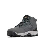 Bota de senderismo Columbia modelo Transverse Hike, color gris oscuro con detalles en naranja y turquesa. Presenta construcción impermeable, parte superior de piel y malla, entresuela amortiguada y suela de alta tracción.
