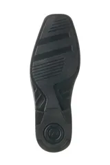 Botín de cuero negro para hombre, modelo de caña baja con cierre lateral y elástico, suela de goma y diseño formal.