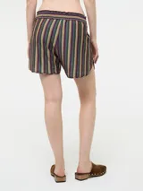 Short a rayas verticales en tonos beige, naranja y negro, con cintura elastizada.