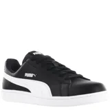 Championes Puma modelo Up, de estilo urbano y diseño clásico. Presentan una capellada de cuero sintético en color negro con la icónica franja lateral de la marca en color blanco y suela de goma blanca.