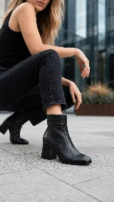 Bota corta de cuero negro con taco cuadrado y punta cuadrada. Presenta un diseño minimalista con costura central vertical y caña media.