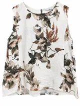 Musculosa blanca de lino con estampado floral en tonos marrones y grises, sin mangas y con cuello redondo.