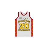 Musculosa deportiva blanca de la colaboración Travis Scott x McDonald's Cactus Jack All American, con paneles laterales rojos con los arcos dorados de McDonald's, cuello y sisas con ribetes rojos y negros, y estampado frontal con los textos "Cactus Jack" y "All-American" junto con el número 20 y el logo de McDonald's.