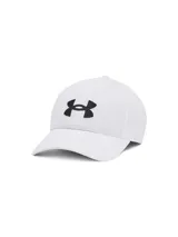 Gorra Under Armour modelo Mens UA Blitzing AD, color blanco con logotipo bordado en negro en el panel frontal, visera precurvada y cierre ajustable.