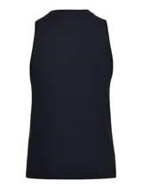 Musculosa deportiva Under Armour de color negro, con cuello redondo y estampa frontal del logo de la marca en color blanco. Presenta un corte sin mangas con sisas amplias.