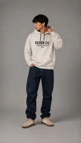 Hoodie de color beige jaspeado con capucha y cordones ajustables. Presenta un estampado frontal con el texto 'DUXON CO.' y caracteres japoneses, junto con la palabra 'TOKYO'.