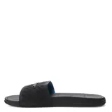 Sandalias tipo slide Rider, color negro con detalle interior en azul. Presentan una banda ancha con textura acanalada y el logo de la marca en relieve.