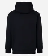 Saco negro de fleece con capucha, cierre de cremallera y cordón para ajustar la capucha.