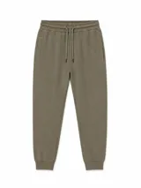 Pantalón de jogging verde militar con cintura elástica ajustable mediante cordón, bolsillos laterales con cierre y puños elásticos en los tobillos.
