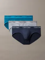 Pack de tres slips de microfibra elástica Calvin Klein, con cintura elástica con logo de la marca. Incluye colores azul, gris y azul marino.