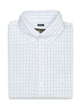 Camisa de manga larga con cuello abotonado, confeccionada en algodón con estampado de cuadros finos en color azul sobre fondo blanco. Presenta un bolsillo en el pecho con el logo de la marca bordado y cierre frontal con botones.
