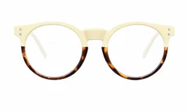 Lentes blueblocker Kubu Willsi con armazón redondo de diseño bicolor, combinando tono crema en la parte superior y carey en la inferior, con protección contra luz azul y rayos UV.