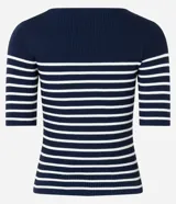 Blusa de punto acanalado Marfinno, con escote barco, manga corta y diseño a rayas horizontales en azul marino y blanco.