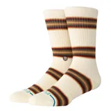 Medias Stance Hill Top Crew color crema con rayas horizontales en tonos marrón, beige y rojo.