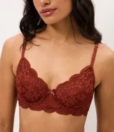 Soutien de encaje floral color negro, con aro, media copa sin relleno, breteles finos ajustables y base estructurada, de la marca Lov.