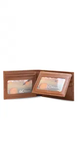 Billetera de cuero marrón claro con bordado zigzag en hilo blanco y ocre.