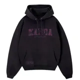 Canguro negro con capucha y cordones ajustables. Presenta un estampado frontal con el nombre de la marca en letras grandes con diseño interno y la frase 'DESDE 1988' debajo, además de un pequeño parche rectangular en el bolsillo tipo canguro.