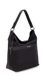 Cartera tipo hobo de tamaño grande en color beige, con detalles en negro. Presenta una franja horizontal negra con el logo de la marca, asa corta de hombro y correa larga desmontable. Incluye bolsillo frontal con cierre oculto y bolsillo trasero.