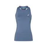 Musculosa deportiva Asics de mujer, color celeste, con espalda cruzada y logo estampado en el pecho.