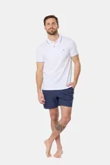 Short de baño azul marino liso con spandex, cintura elástica, cordón ajustable, dos bolsillos laterales y suspensor de malla fina.