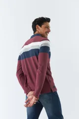 Remera polo de manga larga con diseño a rayas horizontales en tonos negro, gris y blanco. Logo de la marca Mistral bordado en el pecho.