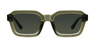 Lentes de sol cuadrados con armazón verde oscuro y lentes verdes polarizados.