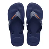 Chancletas de hombre Havaianas modelo Top Max Comfort, color azul marino con tiras anchas y el logo de la marca en color naranja.
