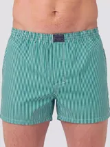 Bóxer negro de algodón liviano, con cintura elastizada y estampado integral de pequeños tractores verdes.