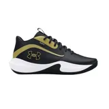 Championes de básquet Under Armour modelo Lockdown, color negro con detalles en dorado y suela blanca. Presentan el logo de la marca en el lateral y una estructura resistente para el juego.
