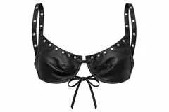 Top negro de cuero sintético estilo bustier, con tirantes anchos decorados con ojales metálicos, detalles de tachas en el borde superior y cierre frontal con lazo para atar.