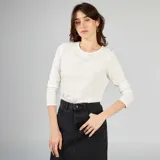 Camiseta blanca de punto con cuello redondo y mangas largas.