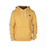 Canguro amarillo con capucha, cordones blancos y bolsillo tipo canguro.