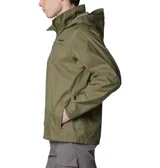 Campera impermeable Columbia modelo Glennaker Lake Jkt Omni-Shield, color verde militar, con cierre frontal, capucha ajustable que se guarda en el cuello, bolsillos con cremallera y puños ajustables con velcro.