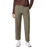 Pantalón de corte recto en color verde oliva, con cintura alta, trabillas para cinturón, bolsillos laterales inclinados y bolsillos traseros.
