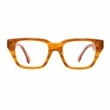 Armazón de receta con diseño cuadrado y líneas rectas, fabricado en bio acetato con estampado tipo carey en tonos naranja.