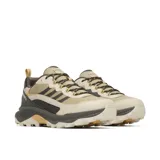 Calzado de trekking Merrell Speed Strike 2, de color beige con detalles en marrón oscuro y amarillo, fabricado con materiales sintéticos y malla transpirable, diseñado para senderismo y actividades al aire libre.