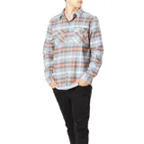 Camisa a cuadros celeste, naranja y gris, de manga larga, con dos bolsillos frontales con botón.