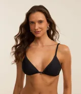 Top de bikini triangular en microfibra marrón, con pespuntes contrastantes y tiras ajustables.