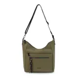 Cartera bandolera gris de formato amplio, con correa larga regulable y desmontable con inscripciones. Cuenta con cierre superior, bolsillo frontal con cierre y detalle colgante de cordones, y un bolsillo trasero con cierre.