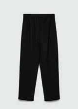 Pantalon de corte recto y tiro alto, confeccionado en tejido fluido. Presenta cintura elástica con cordón ajustable y bolsillos laterales.