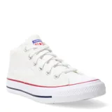 Championes Converse modelo Star Malden Street HI, de corte medio, color blanco con detalles en rojo y azul en la suela. Presentan cierre de cordones, puntera de goma y logo de la marca en la lengüeta.