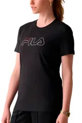 Remera negra de mujer Fila Regular Basic Outline, con cuello redondo, mangas cortas y estampa frontal con el logotipo delineado de la marca.