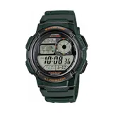 Reloj digital Casio modelo AE1000W-3AVDF, con caja y correa de resina color verde, esfera de 48mm, resistencia al agua de 100 metros, luz LED y duración de pila de 10 años.