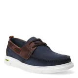 Zapatos tipo náutico de la marca Democrata, confeccionados en cuero azul marino con detalles en cuero marrón oscuro. Presentan cordones al tono, costuras reforzadas en la puntera y una suela blanca de goma con diseño deportivo.