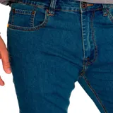Jeans de corte skinny en denim azul oscuro con costuras en contraste. Presenta diseño clásico de cinco bolsillos, cierre de cremallera y botón metálico.