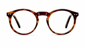 Lentes blueblocker Kubu Caramel con armazón redondo de diseño vintage color carey y cristales transparentes con protección contra luz azul.